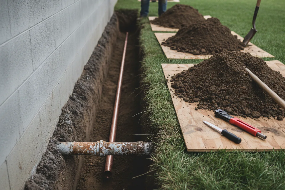 Excavated water line trench during Water Heater Repair in Century
